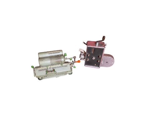 ADM Schubert DRV Pin Wheel Calculator and vintage bus/tram ticket machine with tickets &amp; manuals.