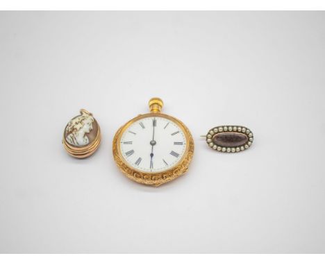 Selection of Gold Jewellery.  To include an 18ct Gold Ladies Pocket Watch, an Unmarked Rose Gold Coloured Metal Plaited Hair 