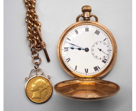 9ct Rose Gold Albert Chain with T-Bar and Mounted 1854 Full Sovereign Coin Pendant and a 9ct Gold Full Hunter Pocket Watch. T