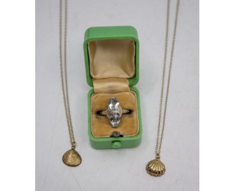 A selection of Gold Jewellery. To include a 14ct White Gold Aquamarine Ring and two "CARLA" 14ct Gold Filled Seashell Pendant