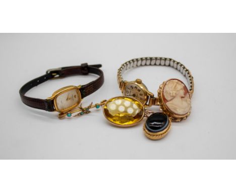 Selection of Gold Jewellery and two Watches.  The Gold Jewellery includes an Edwardian Murrle Bennett 9ct Gold Turquoise and 