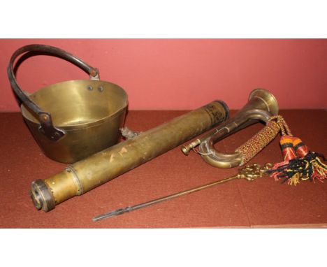 Selection of brass items to include Military Telescope, Bugle, Jam Pan &amp; poker.