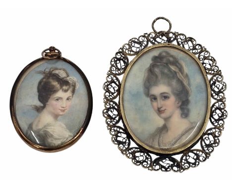 A pair of fine miniature watercolour portraits. An oval head and shoulders portrait of a lady - Countess Warwick. ( Title to 