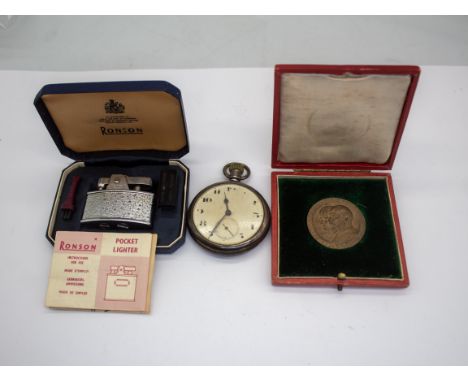 Unmarked White Metal Pocket Watch, a Ronson Pocket Lighter Boxed with instructions and 1902 King Edward VII Queen Alexandra C
