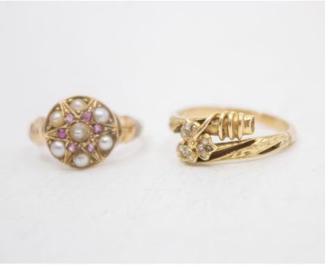 Two Unmarked Yellow Metal Rings.  To include a Tested 14ct Gold Seed Pearl and Ruby Ring (A/F) and a Tested 9ct Gold Seed Pea
