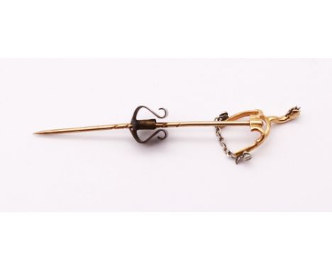 Two Gold Bar Brooches.  To include a 9ct Gold Oval Brilliant Cut Garnet Brooch and a 15ct Gold Horse Stirrup Stick Pin.  The 