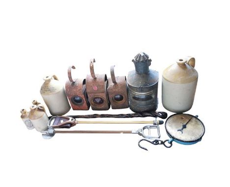 Various stoneware bottles, vintage railway type lamps, 2 shooting sticks, a twisted walking stick, oak bobbin twist stick sta