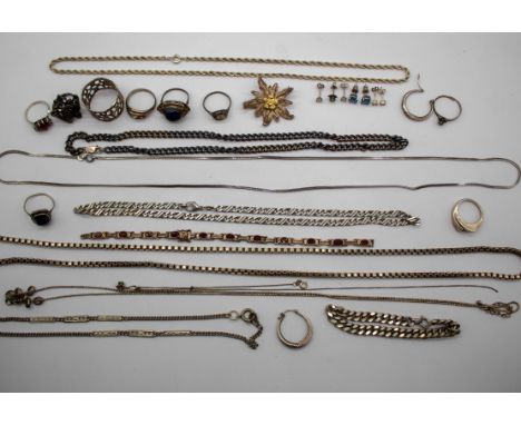 Selection of Semi-Precious Gemstone Bead Necklaces, Pearl Necklaces, Silver and Unmarked White Metal Jewellery.  The Silver J