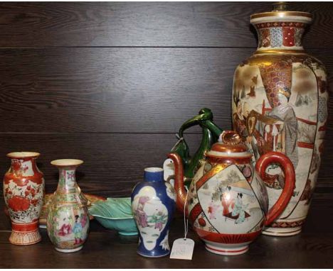 LOT OF JAPANESE AND CHINESE CERAMICS
including a large satsuma vase, converted for electricity, Kutani teapot, small famille 