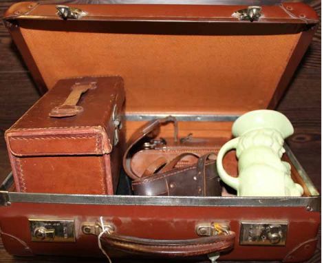 GROUP OF MIXED COLLECTABLES
including two vinatge camera, bible, a green glazed toby jug, several silver medals, a leather bo