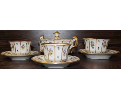 THREE ROYAL COPENHAGEN CUPS, SAUCERS AND LIDDED JAR
each hand painted with flowers and gilt edging