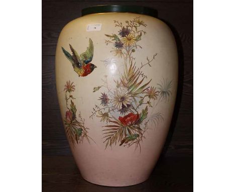 LARGE CERAMIC VASE
with handpainted floral and bird design with gilt overlay on a cream ground, with teal rim, 48cm
Noe: Good