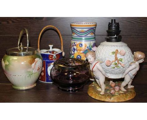 SELECTION OF CERAMICS
inlcuing a floral Poole vase, faux Meissen oil lamp base, Carlton ware condiment set, biscuit barrells 