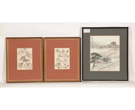 TWO CHINESE PRINTS AND A CHINESE PAINTING
the prints depicting horses, mounted, framed and under glass, 36cm x 30cm overall; 