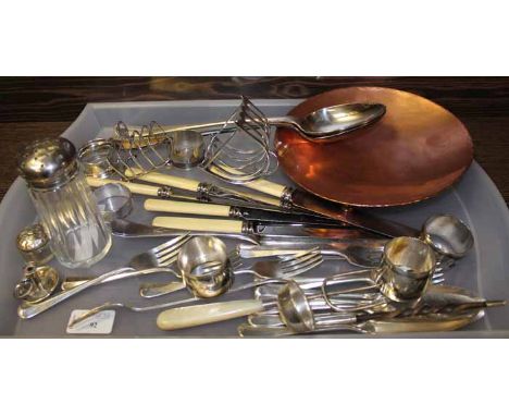SELECTION OF SILVER AND SILVER PLATED FLATWARE
including silver topped sugar caster, silver napkin rings, silver vesta case, 