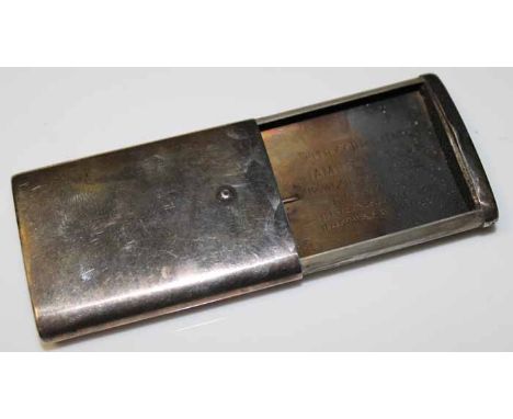 SILVER VESTA CASE 
Birmingham marks, approximately 46g, 6cm long
lacking part its striker to the base, light tarnishing and s