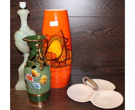 TALL POOLE POTTERY VASE, POOLE THREE LEAF SERVING DISH, GREEN TWO HANDLED VASE AND MARBLE STYLE LAMP