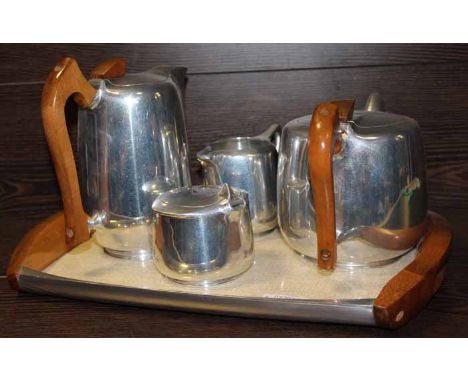 PICQUOT WARE FOUR PIECE TEA SERVICE AND SERVING TRAY