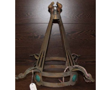 LATE 19TH-CENTURY ART NOUVEAU BRASS OVERHEAD LIGHT FITTING
of stylised linear form, the circular base with four blue enamel p