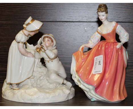 ROYAL DOULTON FIGURE OF FAIR LADY 
together with a Royal Worcester figure of a boy and girl ( damaged )