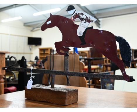 Vintage tin and iron weather vane, modelled as a huntsman and horse to/w a wrought iron ceiling lamp (2) 
