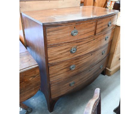 A 19th century mahogany bowfront chest of two short over three long graduating drawers on splayed bracket feet, 108 cm wide x