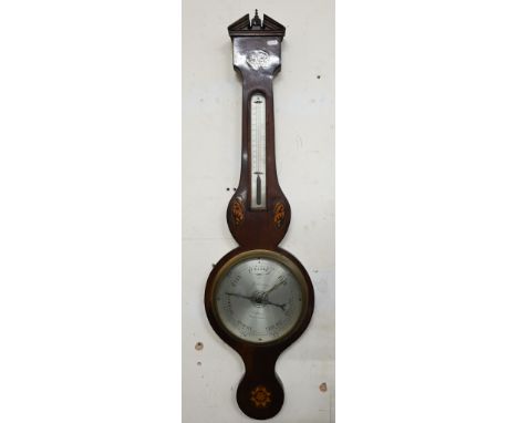 A 19th century mahogany shell and floral inlaid wheel barometer with silvered dials (circular glass cracked), 96 cm high, sig