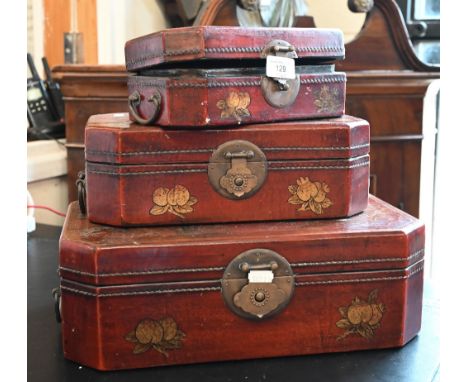 A set of three graduated Chinese scene-painted trinket boxes with brass mounts, lined with printed paper linings, 37-24 cm wi