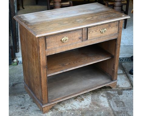 Small stained oak dresser base, two drawers with brass handles over single shelf, raised on bracket feet, 98 cm x 54 cm deep 