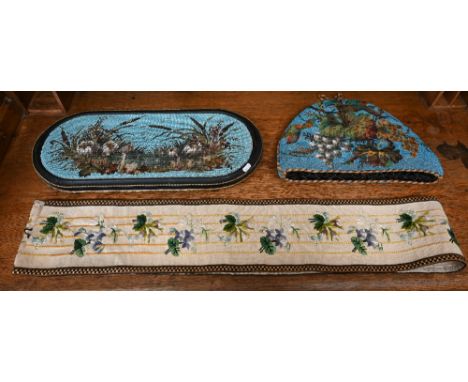 Victorian beadwork tea-cosy worked with grape-vines to/w an oval plinth worked with pond view and a floral-embroidered long a