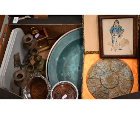 Two silver-plated bottle coasters to/w a boxed Chinese segmented soapstone disk carved with fish, copper charger, modern Port