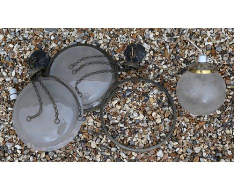 Pair of glass and brass ceiling lightshades with frosted glass bowls c/w chains and ceiling roses, 32 cm diam to/w a ceiling 