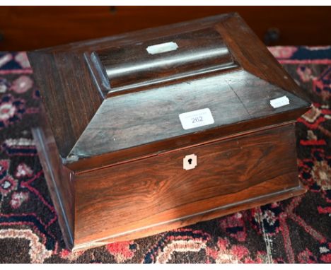 A 19th century rosewood and mother-of-pearl inlaid sarcophagus form jewellery box/casket, 32 x 25 x 20 cm&nbsp; 