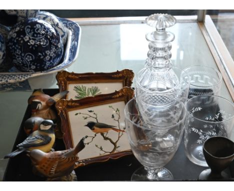 Small Georgian cut glass three-ring necked decanter to/w two Rosenthal framed tiles painted with birds, four Royal Worcester 