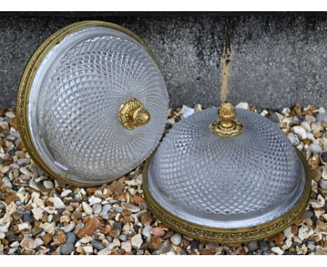 Pair of glass and brass ceiling light fittings with bowl shades, 27 cm diam 