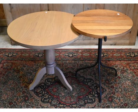 A modern beech tripod table by Neptune, 60 cm dia. x 60 cm h to/w a steel framed tripod table with teak top, 45 cm dia. x 55 