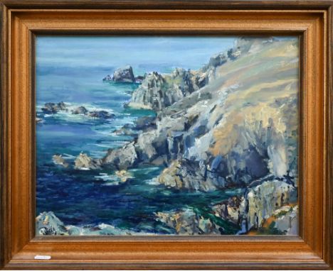 R W Hill? - Coastal view, oil on board, signed and dated '77, 30 x 39 cm 