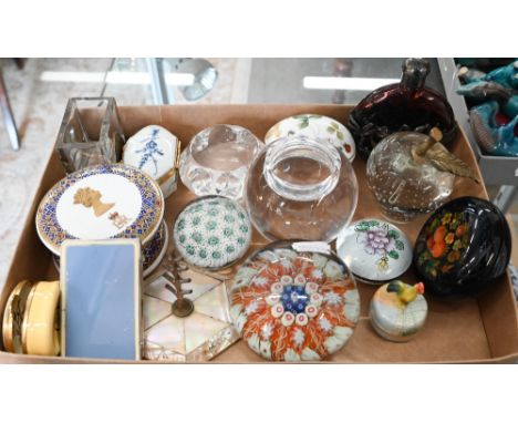 Two millefiori glass paperweights, to/w other paperweights, trinket boxes, mother of pearl mounted ring-tree etc 