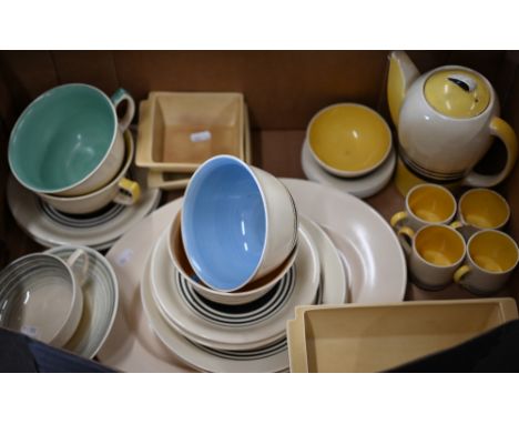 Susie Cooper, Crown Works Burslem Art Deco part coffee service to/w three hors d'oeuvres dishes, large tea cups, saucers and 