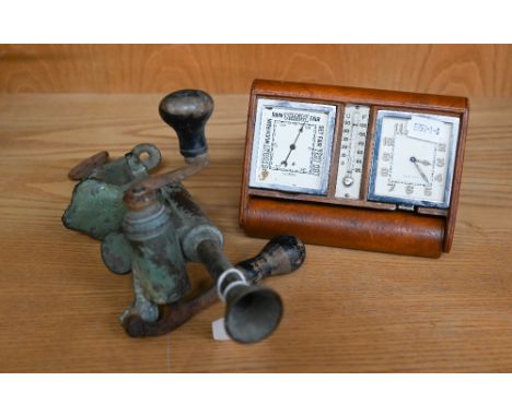 Vintage table-mounted cast iron shot gun cartridge-loader to/w a Le Coultre travel clock/barometer/thermometer in folding lea