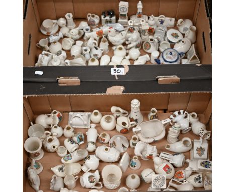 Collection of approx 130 Goss and other crested china ornaments to/w various other souvenir china (2 boxes) 