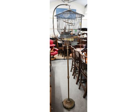 A vintage brass wirework 'lantern' birdcage on stand, 168 cm high 
