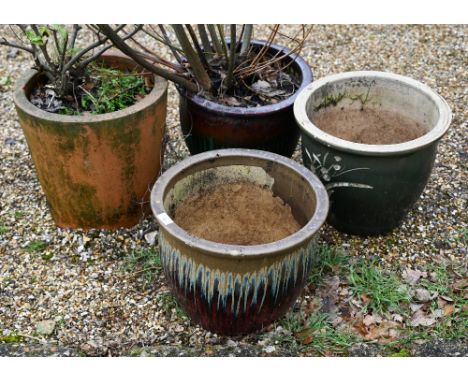 Three Chinese style glazed ceramic flower pots/planters to/w a terracotta example - plants included (4) 