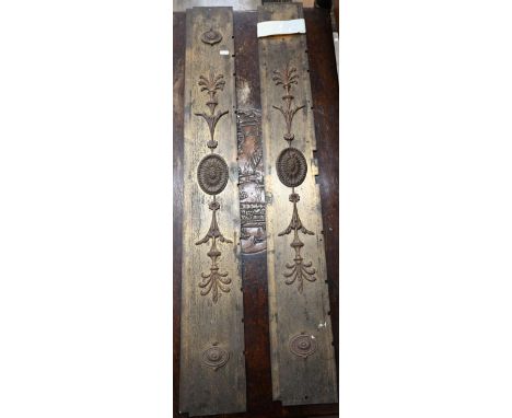 Pair of Regency style architectural panels with cast brass paterae and foliate mouldings mounted on tin, 104 x 13.5 cm&nbsp; 