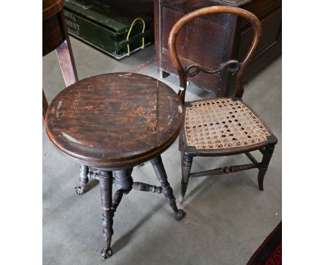 An antique walnut revolving stool on ring turned legs with glass ball and claw feet to/w 19th century children's chair with c