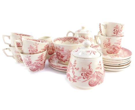 An Edge Malkin and Company pottery part child's tea service, transfer decorated in red and white in the Lisbon pattern, print