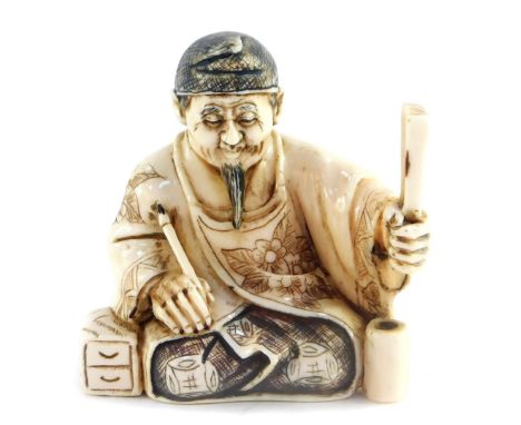 A Japanese late Taisho / early Showa  period  ivory netsuke of a scholar seated, holding a fan, signed, 45mm wide.