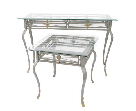 A glass topped silvered metal Roman style console table, 77cm high, 122cm wide, 42cm deep, and a matching coffee table, 59.5c