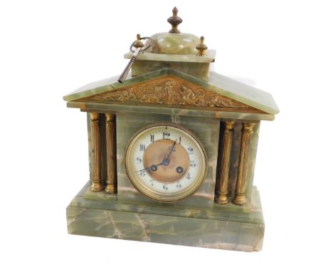 A French late 19thC onyx cased architectural mantel clock for D R Simms, Chipping Norton, circular brass dial with enamel cha