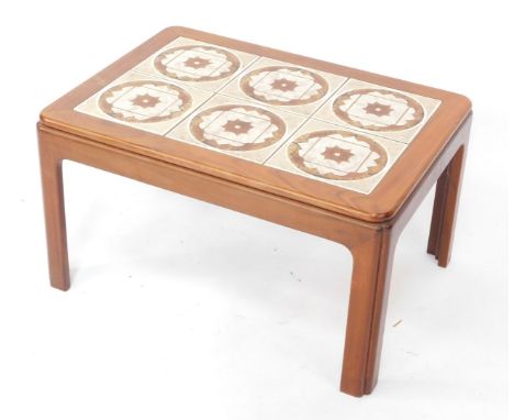 A vintage late 20thC tile top teak coffee table, inset with six brown floral tiles, raised on chamfered square legs, 39.5cm h